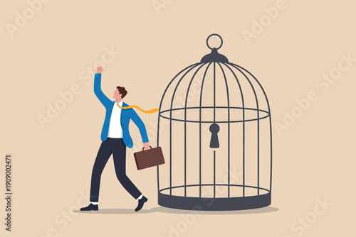 A businessman with a briefcase walking away from a large open birdcage and celebrating his freedom Vector, illustration