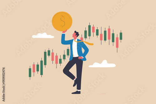 A businessman holding a giant gold coin while standing between stock market candlestick charts.