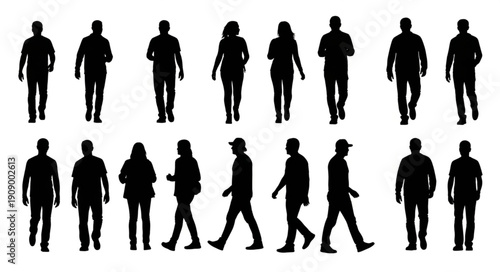 Silhouettes of people walking and running in a grid pattern.