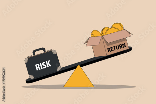 Business concept of balancing risk and reward shown with a briefcase and a box of gold coins.