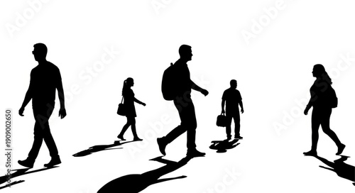 Silhouettes of people walking with long shadows on a white background.