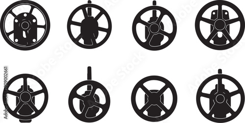 Collection of various black industrial wheel icons on white