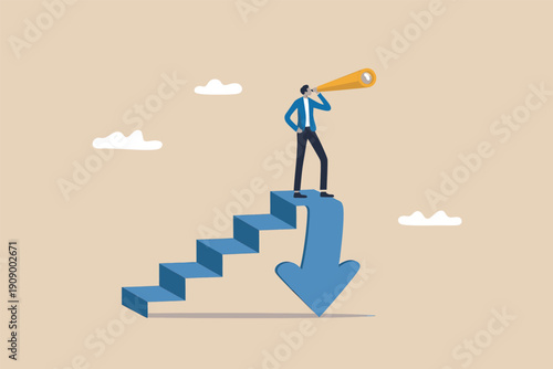 Businessman with telescope standing on stairs that turn into a downward arrow representing crisis