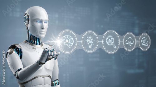 Futuristic white humanoid robot interacting with digital icons of artificial intelligence and innova