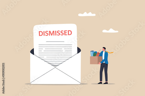 Professional man carrying a box of office items after receiving a large dismissed letter notice. Vector, illustration