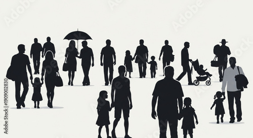 Diverse group of people walking in silhouette against a light background.