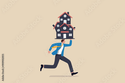 Businessman running fast while carrying a stack of houses on his head representing real estate. Vector, illustration