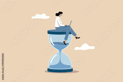 A woman sitting on a giant hourglass while working on her laptop computer against a plain background Vector, illustration