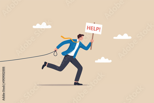 Stressed businessman running and holding help sign while being pulled back by a rope Vector, illustration