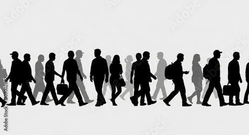 Silhouettes of people walking in a line.