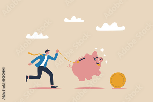 Businessman running and pulling a pink piggy bank on a leash to chase a large gold coin Vector, illustration