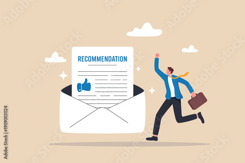 Businessman running joyfully with a positive recommendation letter coming out of an envelope Vector, illustration