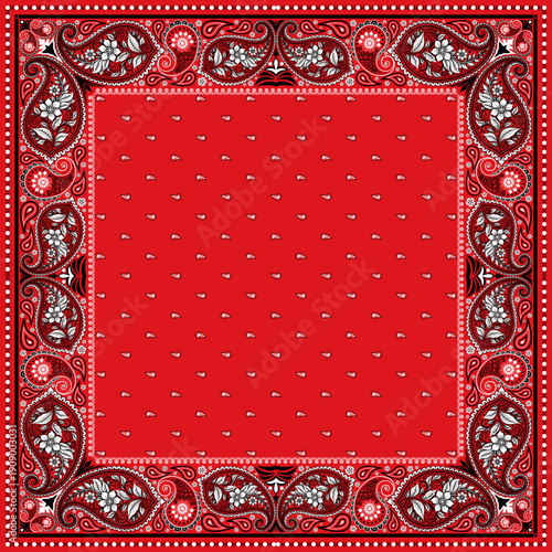 Bandana paisley square ethnic floral hand drawn pattern.Ornament classic vintage vector element black white on red background.Design for scarf,headscarf,kerchief,hijab,tablecloth,print fabric,decorate