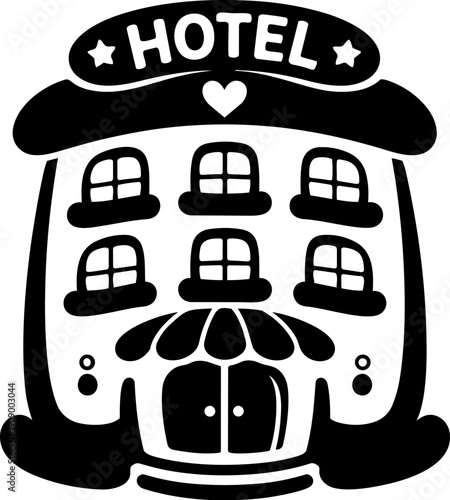 Hotel building illustration with welcoming design, featuring multiple windows and charming entrance