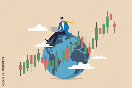 Businessman sitting on top of the globe analyzing global stock market trends on his laptop Vector, illustration