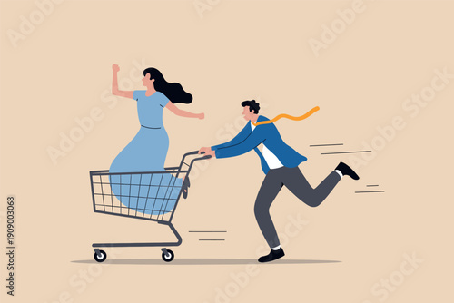 A man in business attire pushes a woman in a shopping cart with speed and joy Vector, illustration