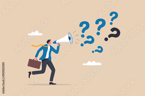 Professional businessman shouting into a megaphone while running towards floating question marks Vector, illustration