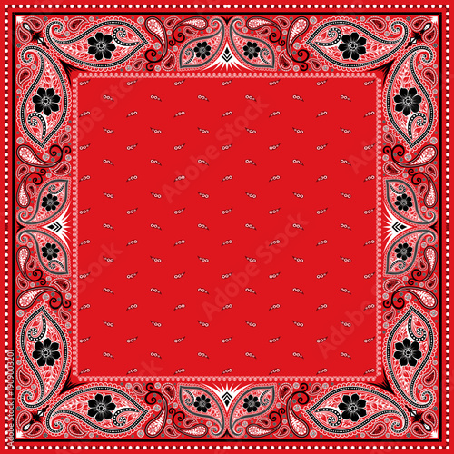 Bandana paisley square ethnic floral hand drawn pattern.Ornament classic vintage vector element black white on red background.Design for scarf,headscarf,kerchief,hijab,tablecloth,print fabric,decorate