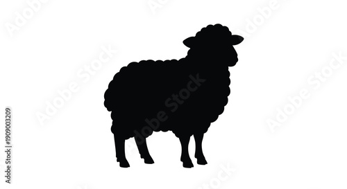 A black silhouette of a fluffy sheep standing in profile silhouette