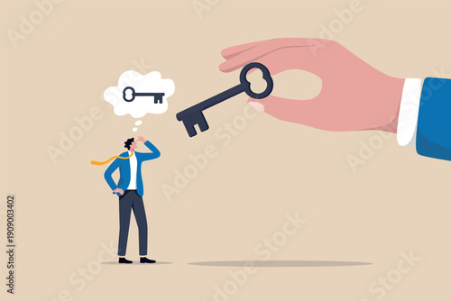 A giant hand offering a key to a businessman who is searching for a solution or success illustration