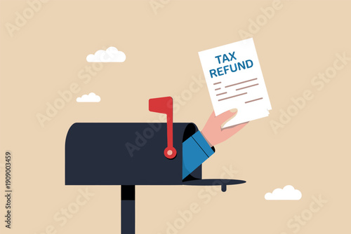 Hand holding a tax refund document coming out of a mailbox against a plain background illustration