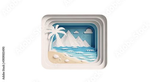 Papercraft Tropical Beach Scene with Mountains and Palm Tree