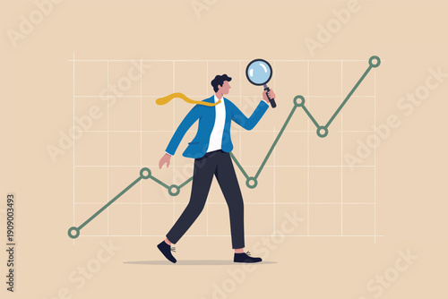 Businessman analyzing growth trends and financial data with a magnifying glass illustration illustration