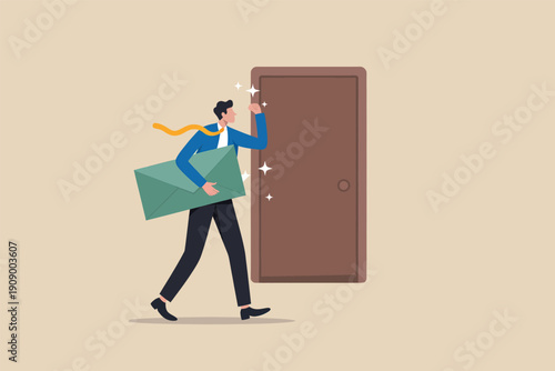 Businessman holding a large green envelope and knocking on a closed brown door to deliver message illustration