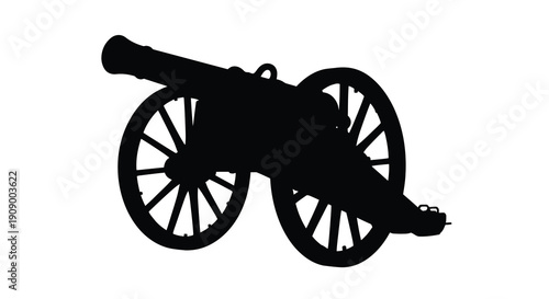Vintage cannon illustration in stark black a dramatic silhouette