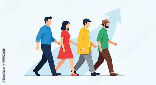 Diverse group of people walking forward together with upward arrow symbolizing progress.