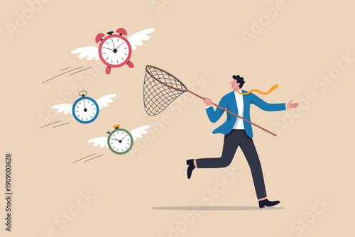 Businessman running to catch flying alarm clocks with a net to manage time and deadlines illustration