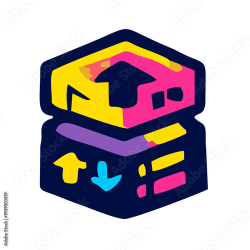 Abstract illustration of stacked boxes with arrows, symbolizing logistics and shipping with vibrant colors and a hand-drawn style