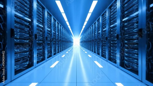 A long, futuristic data center server room with rows of illuminated server racks casting a blue glow. The central hallway leads to a bright light.