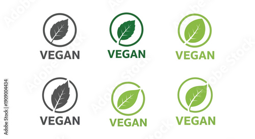 Set of six stylized vegan labels featuring green and dark gray leaf icons
