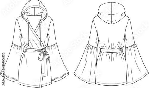 Technical fashion illustration of hooded wrap dress with belt, flared sleeves, and front back views, minimalist line art apparel design template