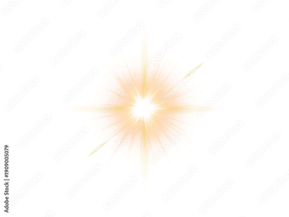 Fototapeta premium bright golden sunburst light effect vector, glowing yellow star flare, radiant sun beam glow