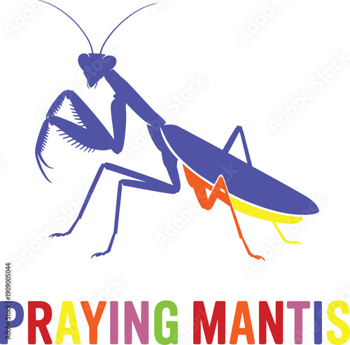 Blue cartoon praying mantis insect with colorful accents isolated on transparent background