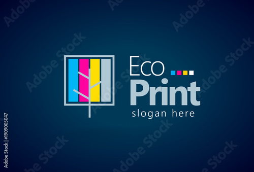 Cmyk Logo. Tree and Leafs Printing theme. Template design vector. Black background