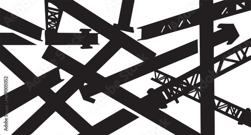 Black and white construction cranes on a white background