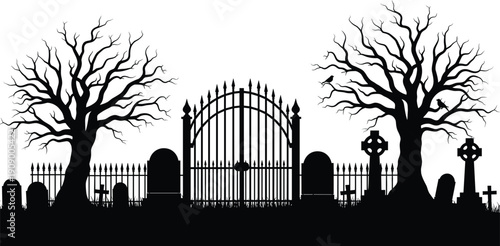 Spooky cemetery silhouette with iron gate, tombstones and barren trees vector illustration isolated on white background