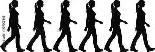 Walking silhouettes, female motion sequence, human locomotion illustration, biomechanics study, animation resource, step progression outline, body movement design, posture analysis art