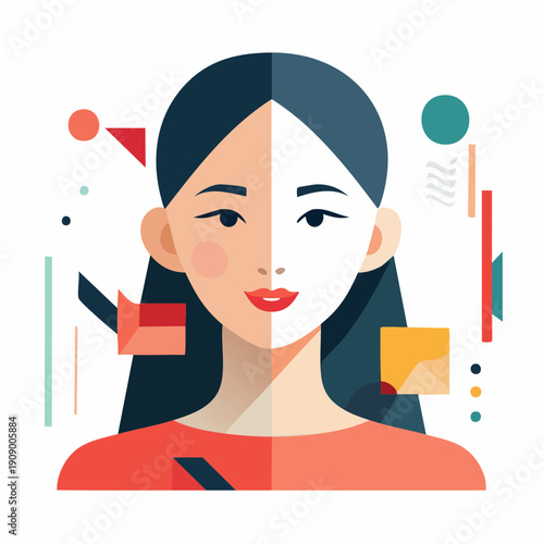 A woman with a split face in a graphic illustration surrounded by abstract shapes and lines