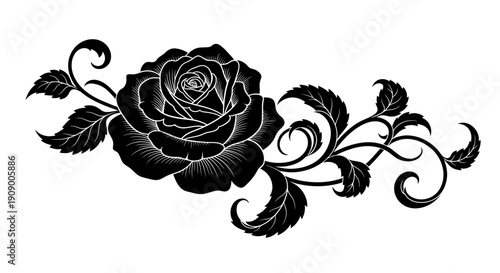 Elegant Rose Silhouette with Decorative Leaves and Vines
