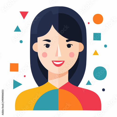 A cheerful woman with colorful shapes surrounds her face and body