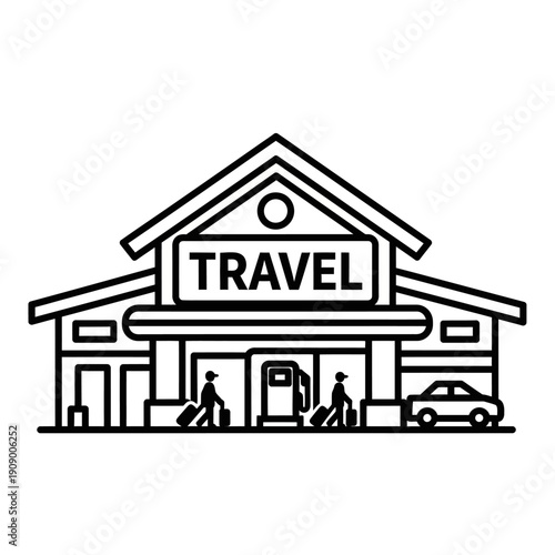 Travel agency office with people.