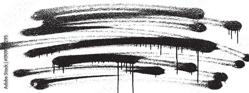 Black spray paint drips and lines on white background urban art texture.