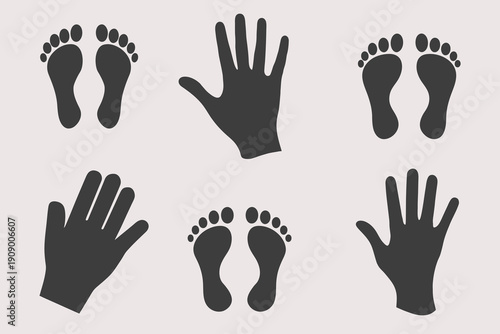 Handprint and footprint silhouette set illustration. Steps, track, trail concept. Black isolated graphic elements. Walker sole vector. Eps 10