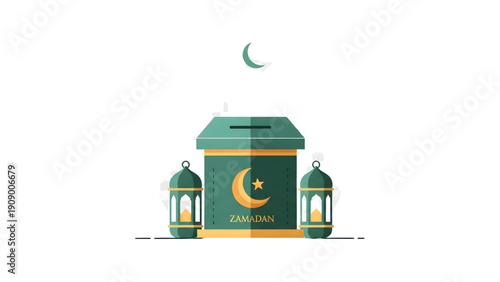 Beautiful green and gold zakat box with lanterns for Ramadan