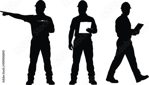 Construction worker silhouette set with hard hat and clipboard, engineer pointing and inspecting isolated on white background