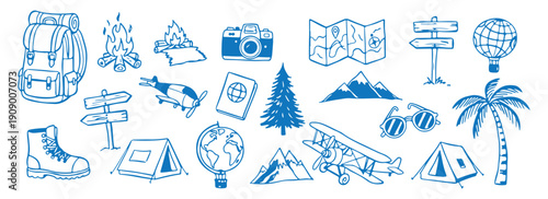 Travel Adventure Camera Map Passport Doodle Set, Explore World Hand Drawn Vector Clipart, Journey Trip Sketch Illustration Collection, Vacation Tourism Design Pack, Globe Compass Line Art Elements, Bl